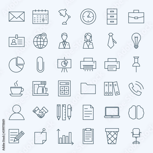 Line Business Office Icons Set. Vector Set of Modern Thin Outline Working Place and Job Items.