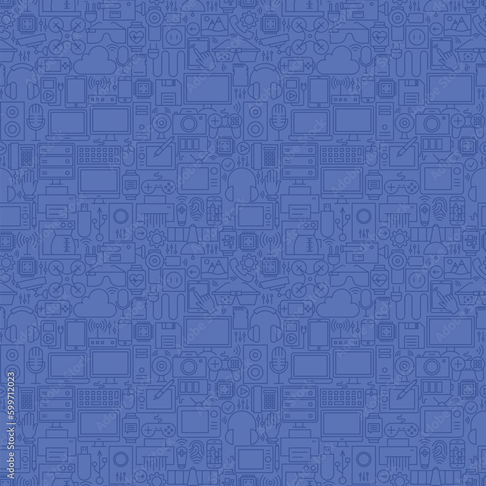 Thin Line Blue Gadgets and Devices Seamless Pattern. Vector Website Design and Seamless Background in Trendy Modern Outline Style. Technology and Electronics.