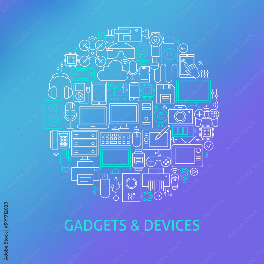 Thin Line Electronics and Gadgets Icons Set Circle Concept. Vector Illustration of Devices and Technology Objects over Blue Blurred Background.