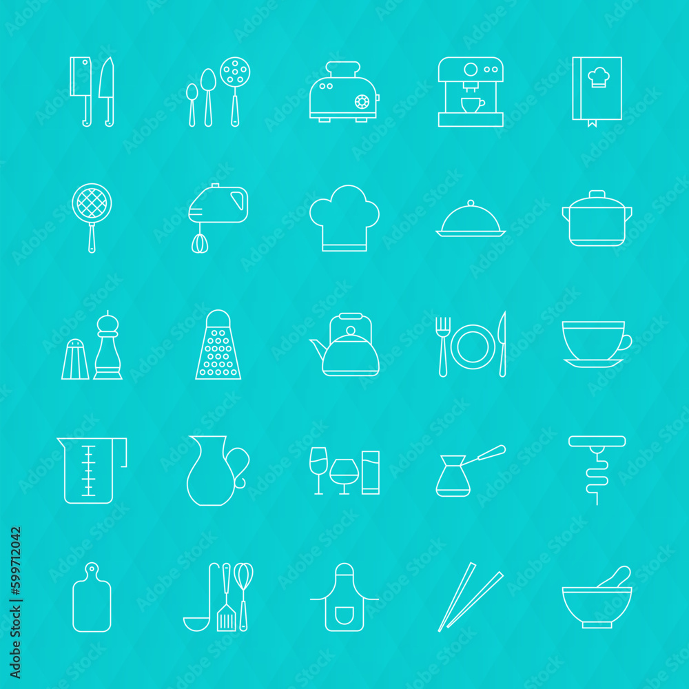 Kitchenware and Cooking Tools Line Icons Set over Polygonal Background. Vector Set of Modern Thin Outline Kitchen Utensil Items. Kitchenware and Cooking Tools Line Icons Set over Polygonal Background. Vector Set of Modern Thin Outline Kitchen Utensil Items.