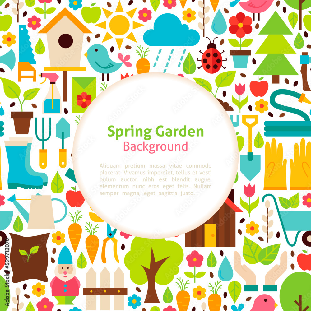 Flat Spring Garden Background. Vector Illustration for Gardening Promotion Template. Colorful Poster with Text for Advertising. Flat Spring Garden Background. Vector Illustration for Gardening Promotion Template. Colorful Poster with Text for Advertising.