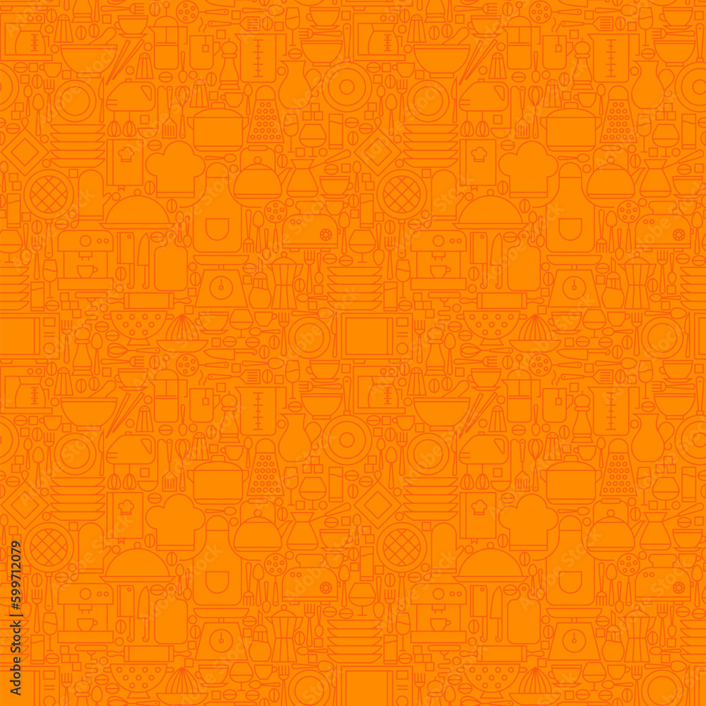 Orange Thin Line Kitchen Utensil and Cooking Seamless Pattern. Vector Website Design and Seamless Background in Trendy Modern Outline Style. Kitcheware and Appliances.
