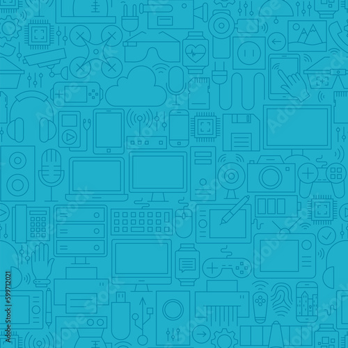 Thin Line Blue Electronic Gadgets Seamless Pattern. Vector Website Design and Seamless Background in Trendy Modern Outline Style. Technology and Devices.