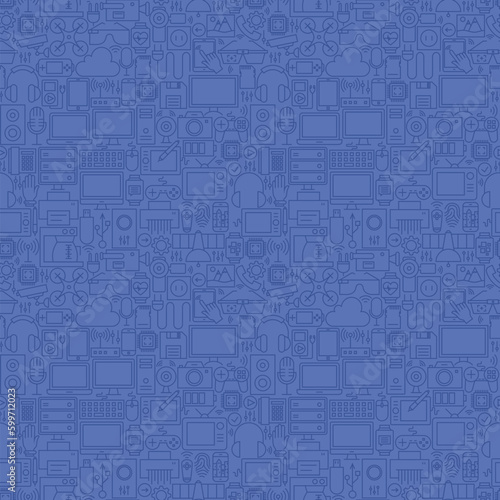 Thin Line Blue Gadgets and Devices Seamless Pattern. Vector Website Design and Seamless Background in Trendy Modern Outline Style. Technology and Electronics.
