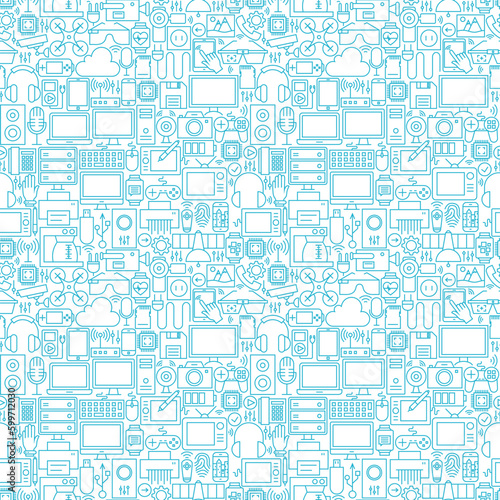 Thin Line Technology Gadgets White Seamless Pattern. Vector Website Design and Seamless Background in Trendy Modern Outline Style. Electronics and Devices.