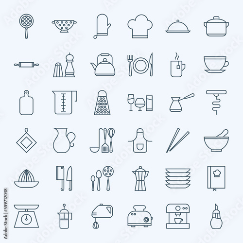 Line Cooking Utensils and Kitchenware Icons Set. Vector Set of Modern Thin Outline Kitchen Tools Items.