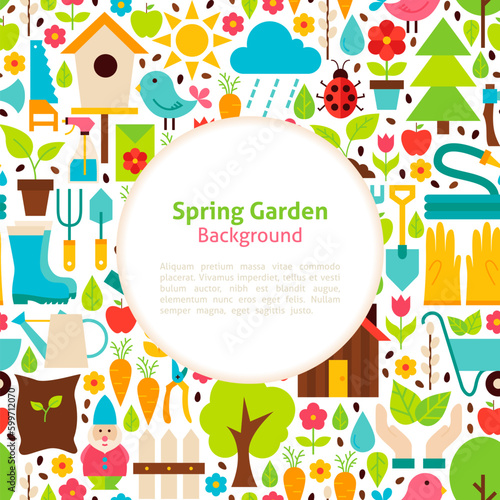 Flat Spring Garden Background. Vector Illustration for Gardening Promotion Template. Colorful Poster with Text for Advertising.