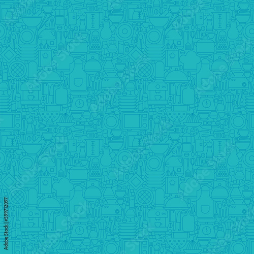 Thin Line Blue Kitchenware and Cooking Seamless Pattern. Vector Website Design and Seamless Background in Trendy Modern Outline Style. Kitchen Utensils and Appliances.