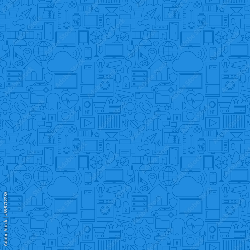 Blue Line Internet of Things Seamless Pattern. Vector Web Design Seamless Background in Trendy Modern Line Style. Technology Smart Home Outline Art.