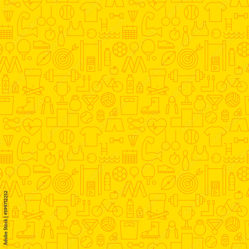 Healthy Lifestyle Fitness Dieting Yellow Seamless Pattern. Vector Sport Design and Seamless Background in Trendy Modern Line Style. Thin Outline Art