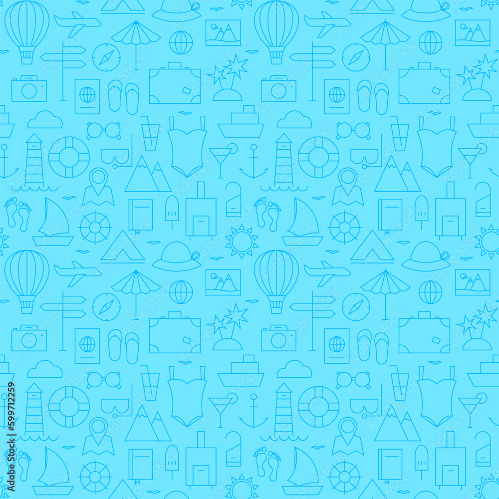 Line Summer Travel and Resort Blue Seamless Pattern. Vector Vacation Design and Seamless Background in Trendy Modern Line Style. Thin Outline Art Line Summer Travel and Resort Blue Seamless Pattern. Vector Vacation Design and Seamless Background in Trendy Modern Line Style. Thin Outline Art