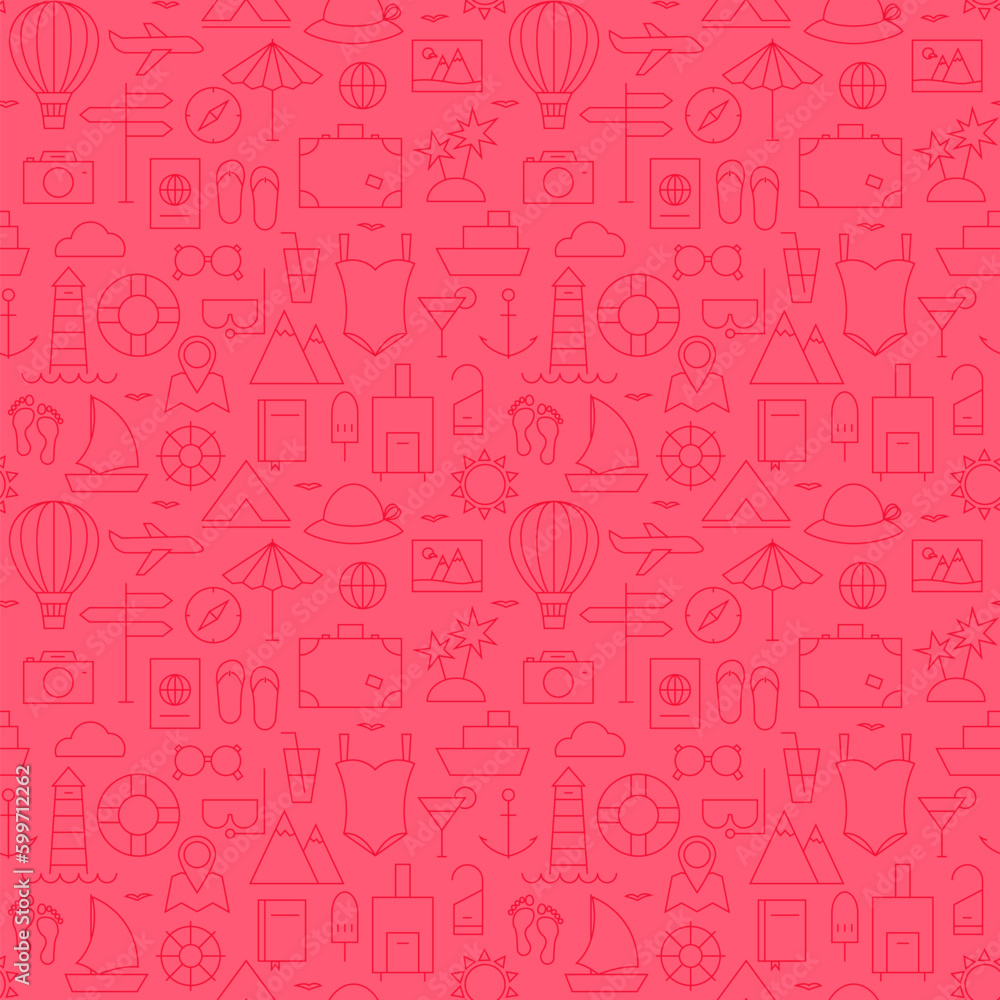Summer Line Travel and Resort Pink Seamless Pattern. Vector Vacation Design and Seamless Background in Trendy Modern Line Style. Thin Outline Art Summer Line Travel and Resort Pink Seamless Pattern. Vector Vacation Design and Seamless Background in Trendy Modern Line Style. Thin Outline Art