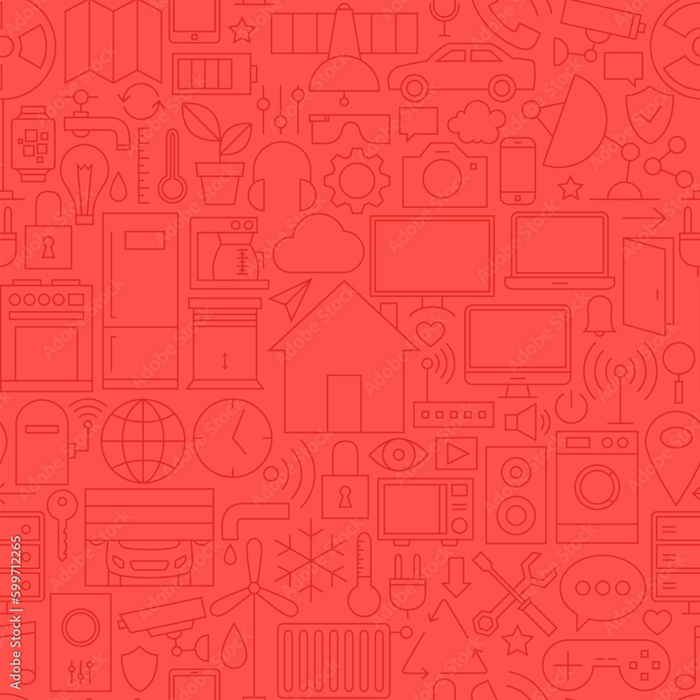 Thin Home Technology Seamless Red Pattern. Vector Web Design Seamless Background in Trendy Modern Line Style. Smart House Outline Art.