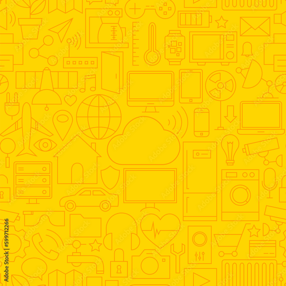 Thin Line Internet of Things Seamless Yellow Pattern. Vector Web Design Seamless Background in Trendy Modern Line Style. Technology Smart Home Outline Art.