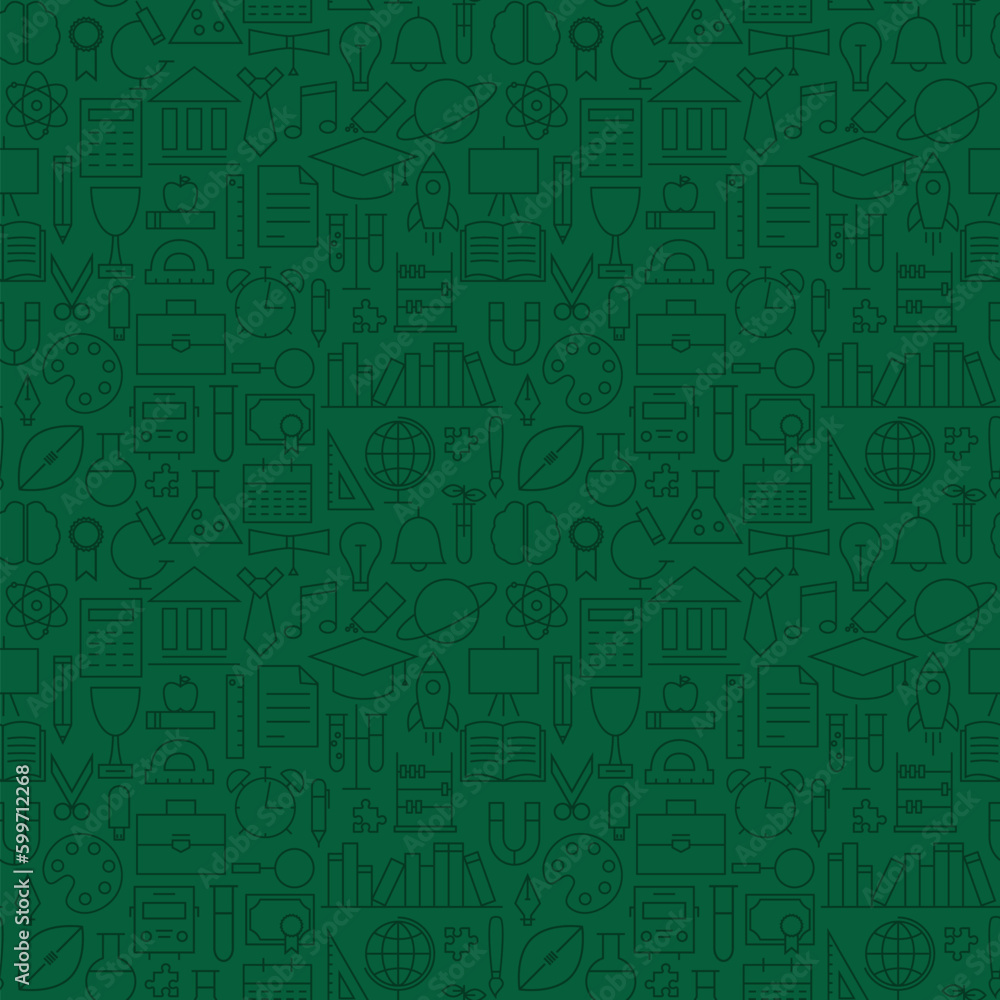 School Education Green Seamless Pattern. Vector Science Design and Seamless Background in Trendy Modern Line Style. Thin Outline Art School Education Green Seamless Pattern. Vector Science Design and Seamless Background in Trendy Modern Line Style. Thin Outline Art