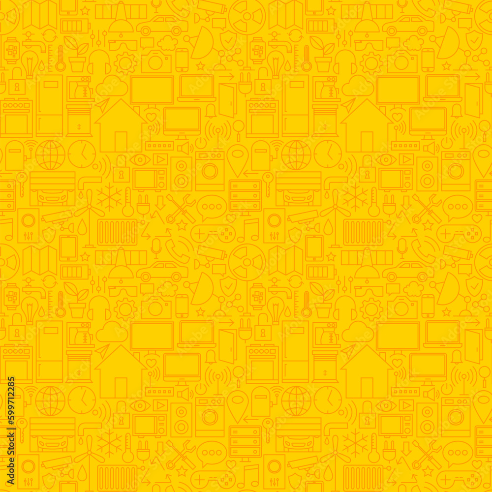 Thin Smart House Line Seamless Yellow Pattern. Vector Web Design Seamless Background in Trendy Modern Line Style. Technology Home Outline Art.