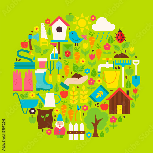 Fototapeta Naklejka Na Ścianę i Meble -  Nature Gardening Circle Shaped Objects Set. Flat Design Vector Illustration. Collection of Spring Season Garden Tools with Plants and Flowers.