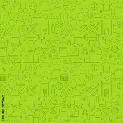 Sport Activity Exercise Seamless Green Pattern. Vector Fitness Design and Seamless Background in Trendy Modern Line Style. Thin Outline Art