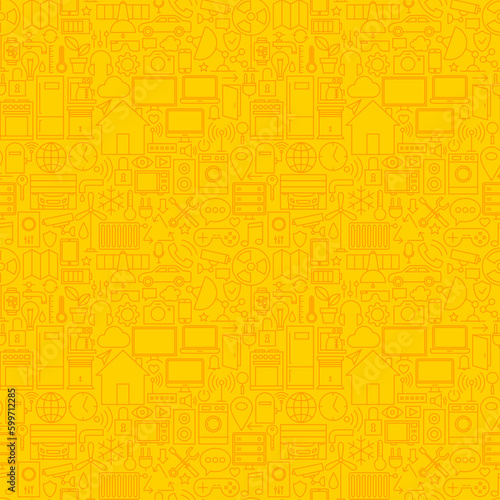 Thin Smart House Line Seamless Yellow Pattern. Vector Web Design Seamless Background in Trendy Modern Line Style. Technology Home Outline Art.