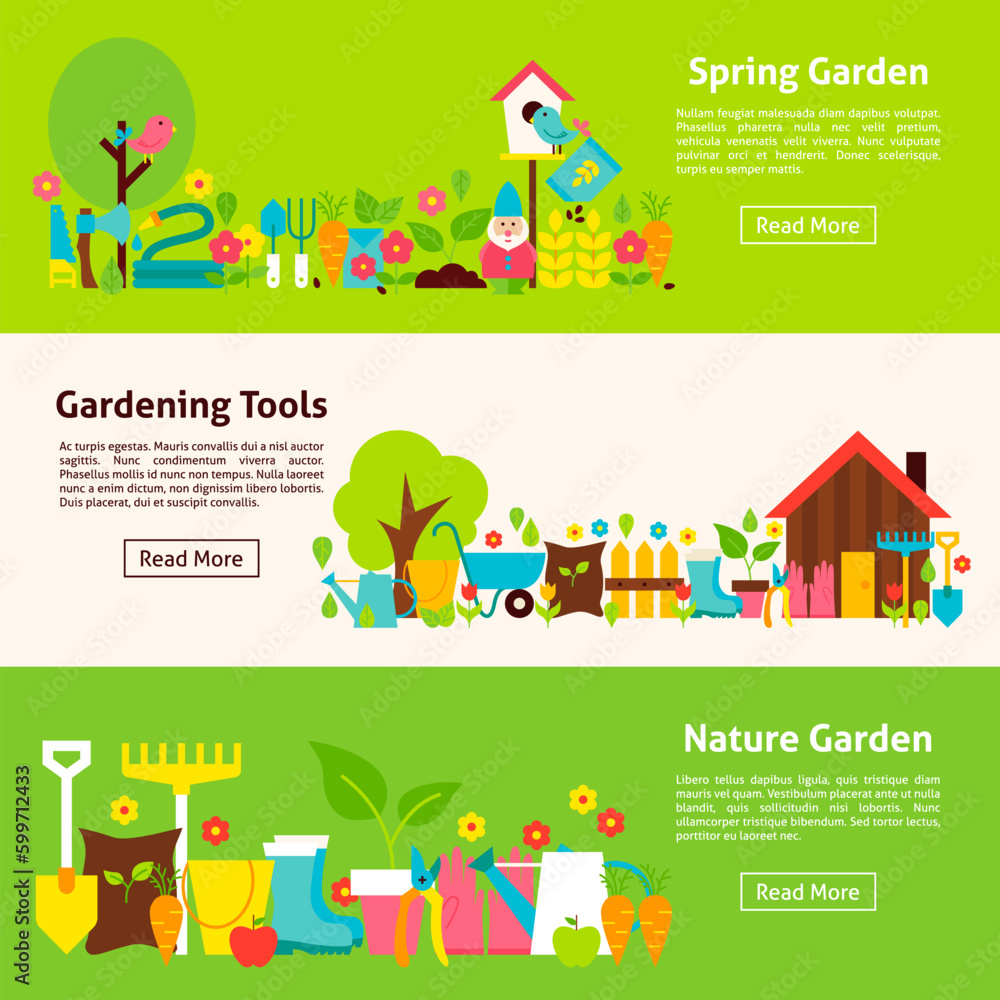 Obraz premium Nature and Gardening Tools Flat Horizontal Banners. Vector Illustration for Website Header. Garden Items Flat Design.