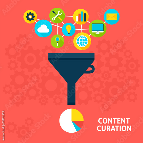 Content Curation Flat Style Concept. Vector illustration of Big Data Filter. Data Analysis.