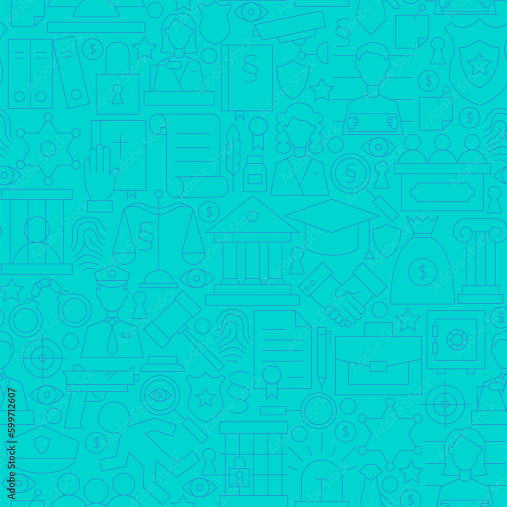 Thin Line Blue Law and Justice Seamless Pattern. Vector Website Design and Seamless Background in Trendy Modern Outline Style. Lawyer Attorney and Crime.