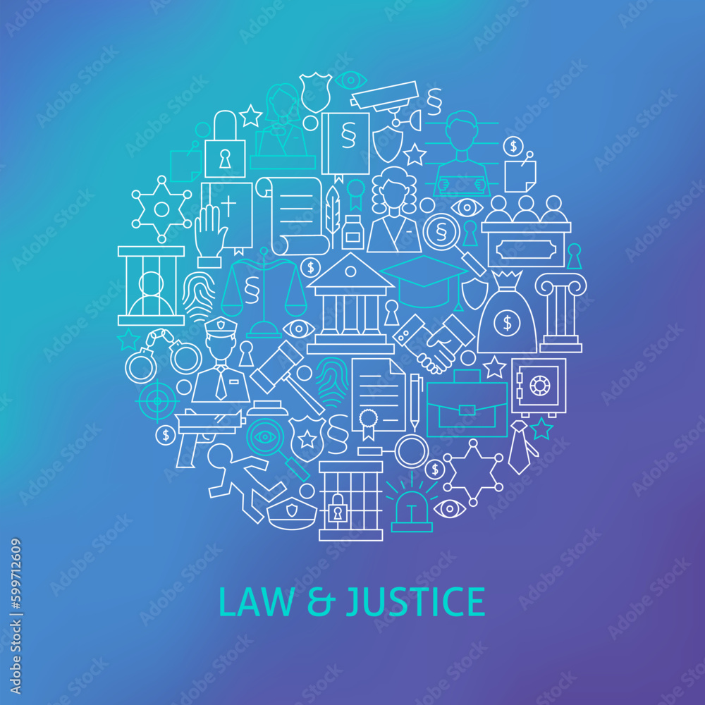 Thin Line Law and Justice Icons Set Circle Concept. Vector Illustration of Crime Attorney and Lawyer Outline Objects over Blue Blurred Background.
