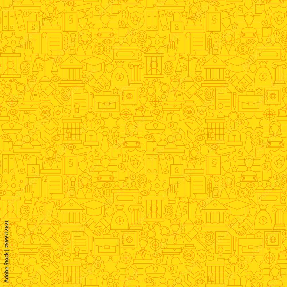 Thin Line Yellow Lawyer Justice and Crime Seamless Pattern. Vector Website Design and Seamless Background in Trendy Modern Outline Style. Law and Attorney.