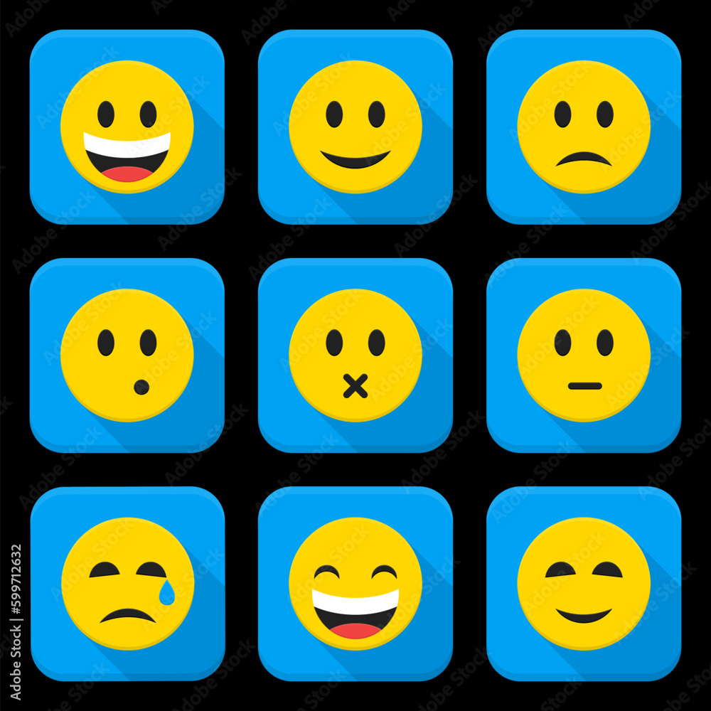 Fototapeta premium Yellow Smiling Faces Squared App Icon Set. Vector Illustration of Flat Style Icons Square Shaped.