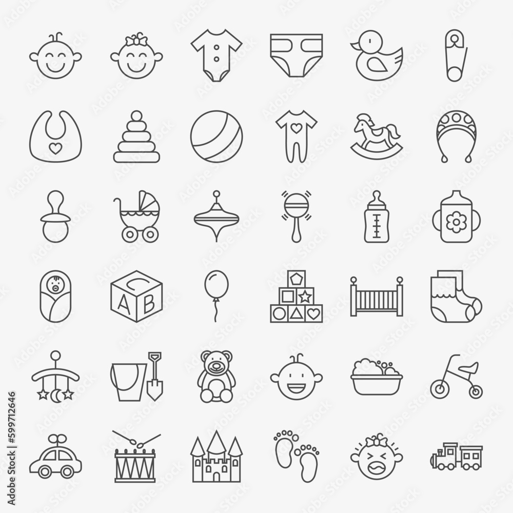 Baby Line Art Design Icons Big Set. Vector Set of Modern Thin Outline Child Toys Symbols. Baby Line Art Design Icons Big Set. Vector Set of Modern Thin Outline Child Toys Symbols.