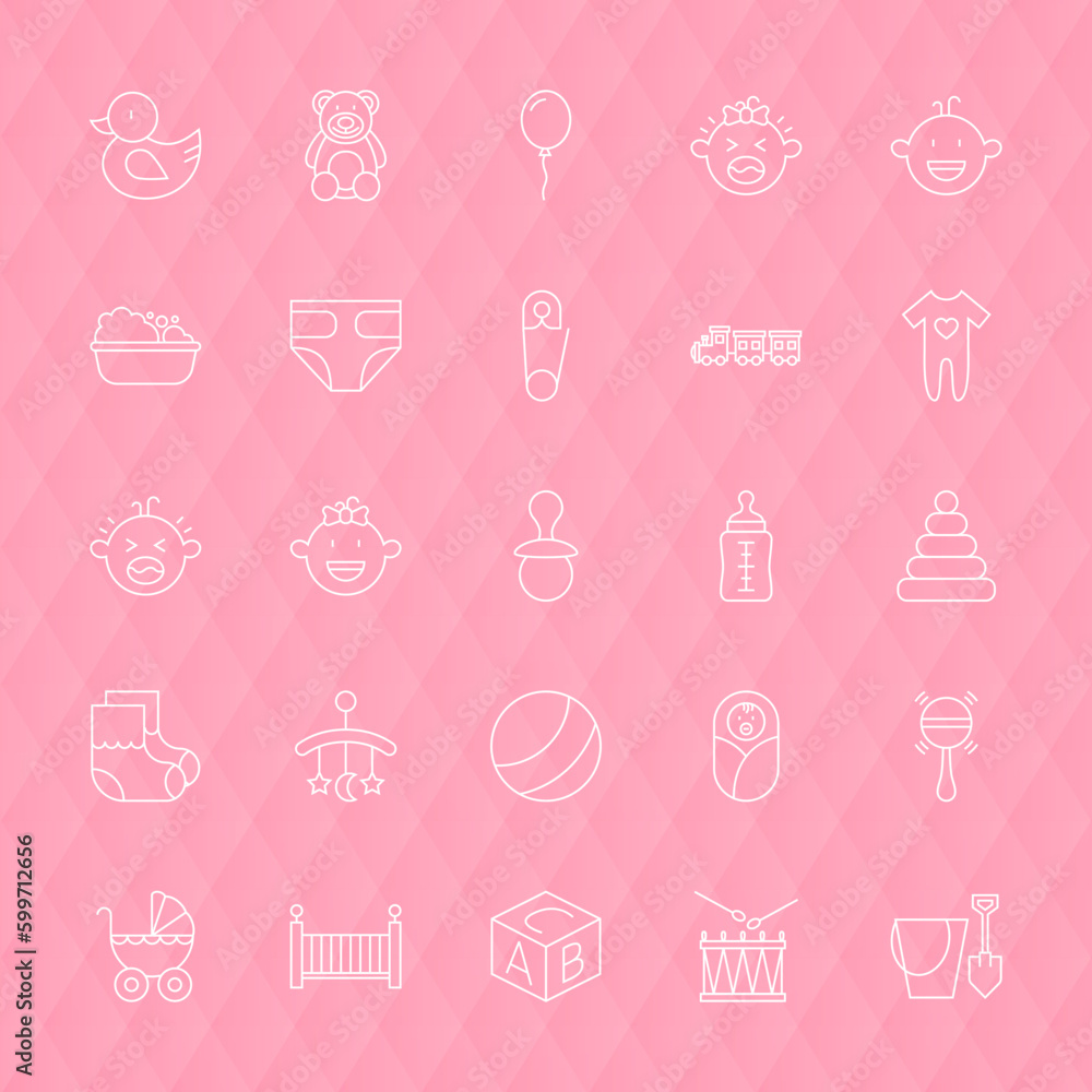 Baby and Toys Line Icons Set over Polygonal Background. Vector Set of Modern Thin Outline Newborn and Childhood Items. Baby and Toys Line Icons Set over Polygonal Background. Vector Set of Modern Thin Outline Newborn and Childhood Items.
