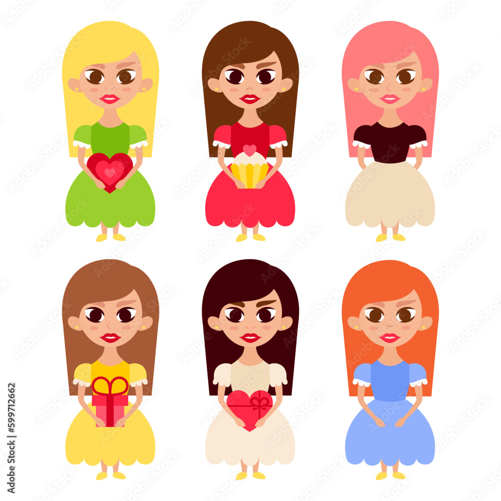 Beautiful Girls Characters in Princess Dresses. Vector Illustration of Flat People in Cartoon Style with Love Presents. Beautiful Girls Characters in Princess Dresses. Vector Illustration of Flat People in Cartoon Style with Love Presents.