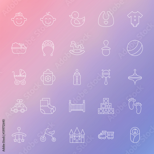 Baby and Toys Line Icons Set over Blurred Background. Vector Set of Modern Thin Outline Newborn and Child Items.