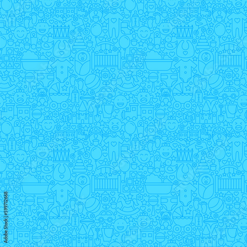 Blue Thin Line Baby Boy Seamless Pattern. Vector Website Design and Seamless Background in Trendy Modern Outline Style. Baby Shower and Newborn.