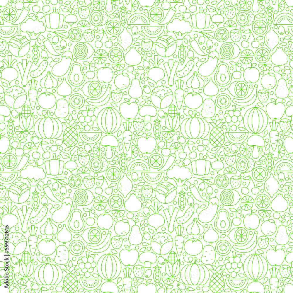 Thin Line Fresh Fruits Vegetables White Seamless Pattern. Vector Website Design and Tile Background in Trendy Modern Outline Style. Healthy Vegetarian Food.