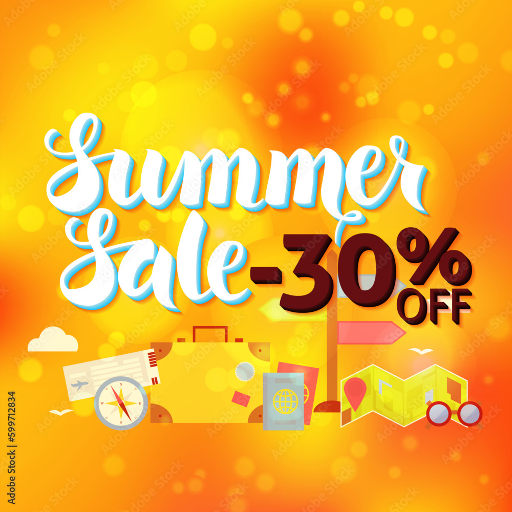 Summer Sale 30 Off Lettering over Orange Blurred Background. Vector Illustration of Travel Vacation Calligraphy Text.