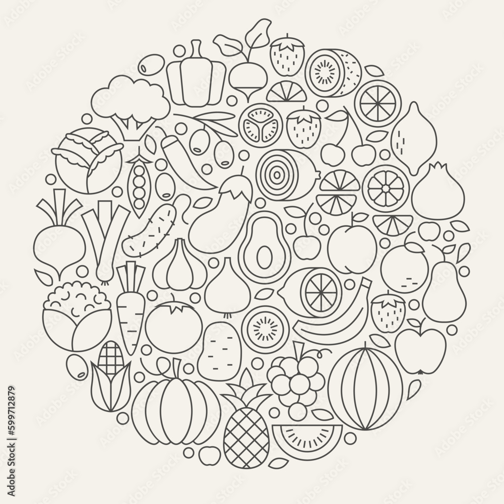 Fruit and Vegetable Line Icons Set Circle Shape. Vector Illustration of Modern Fresh Healthy Vegetarian Food Outline Objects. Fruit and Vegetable Line Icons Set Circle Shape. Vector Illustration of Modern Fresh Healthy Vegetarian Food Outline Objects.