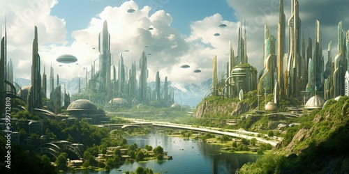 Futuristic utopia megacity concept. Green eco friendly metropolis illustration. Generative AI. © Tuyres