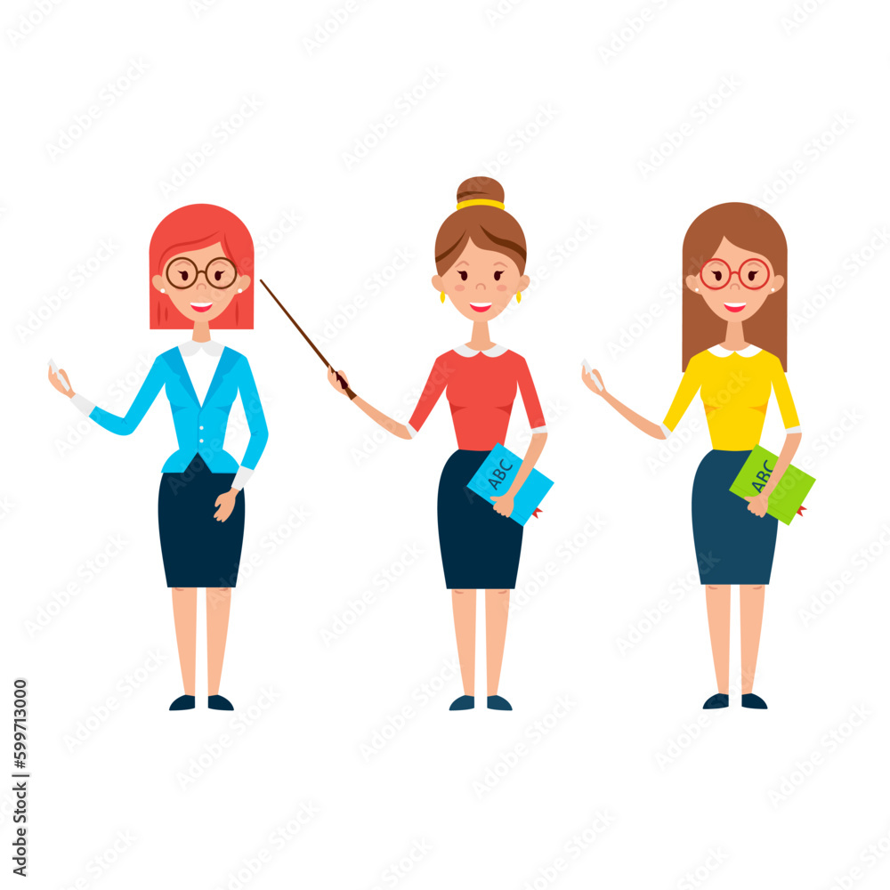 Three Women Teacher Characters. Flat Style Vector Illustration of Business People Pedagog isolated over White.