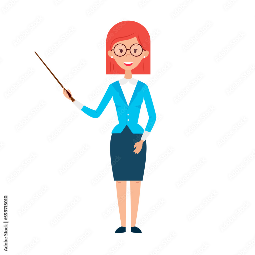 Woman Teacher with Glasses and Pointer. Flat Style Vector Illustration of People Character isolated over White. Woman Teacher with Glasses and Pointer. Flat Style Vector Illustration of People Character isolated over White.