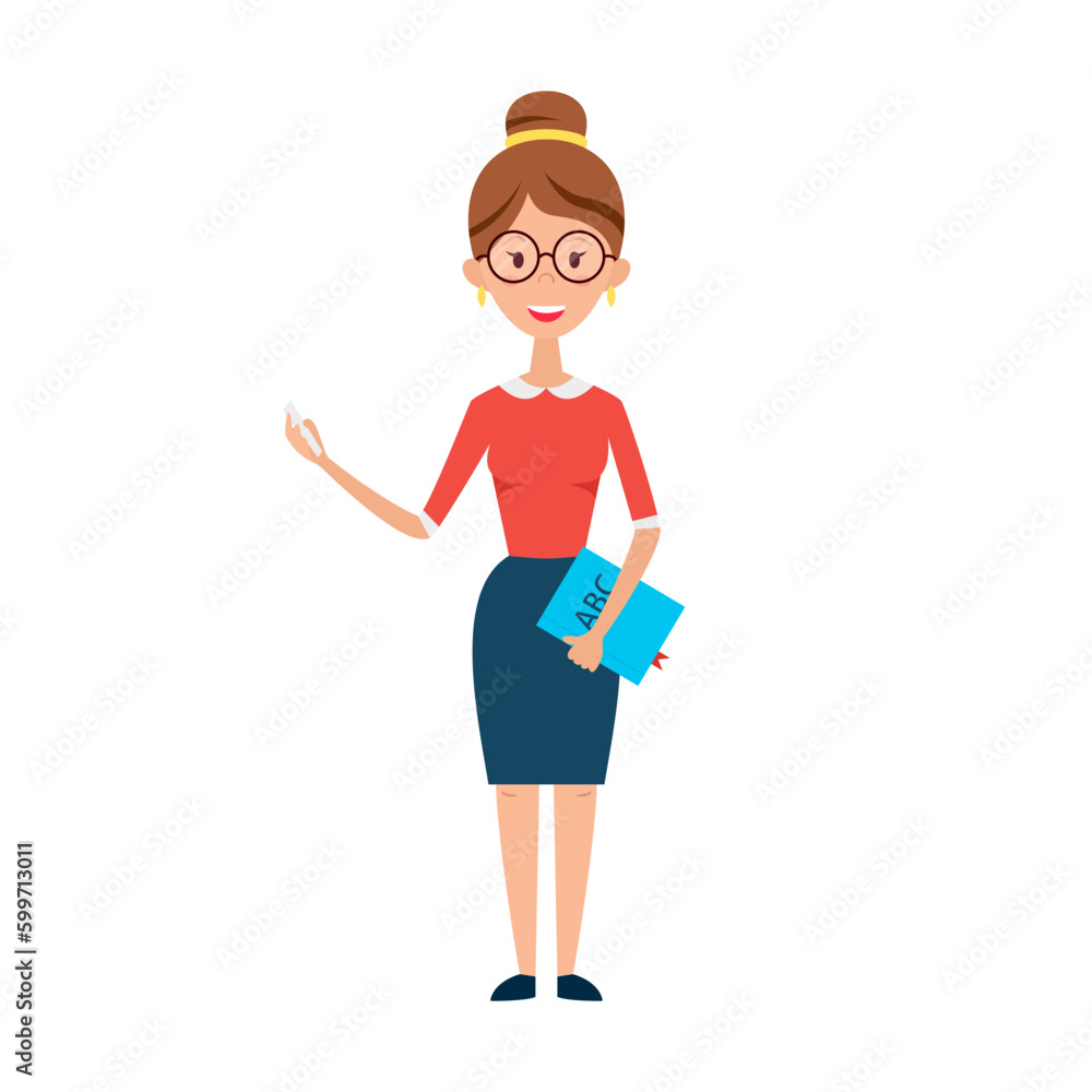 Woman Teacher with Glasses Chalk and Book. Flat Style Vector Illustration of People Character isolated over White. Woman Teacher with Glasses Chalk and Book. Flat Style Vector Illustration of People Character isolated over White.