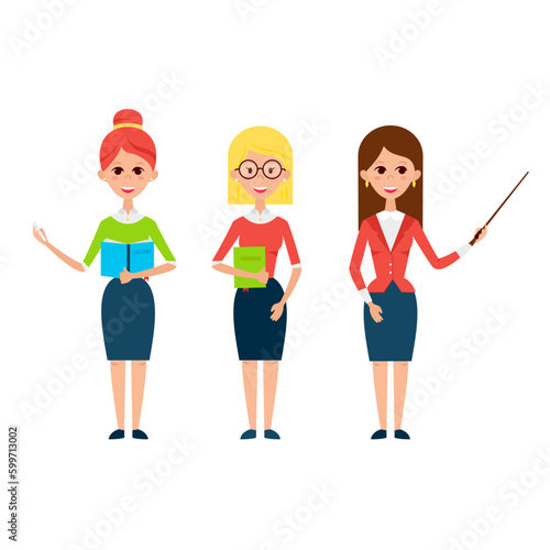 Woman Teacher Characters. Flat Style Vector Illustration of Business People Lecturer isolated over White.