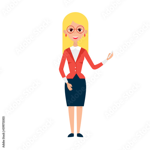 Woman Teacher with Glasses and Chalk. Flat Style Vector Illustration of People Lecturer Character isolated over White.