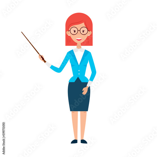 Woman Teacher with Glasses and Pointer. Flat Style Vector Illustration of People Character isolated over White.