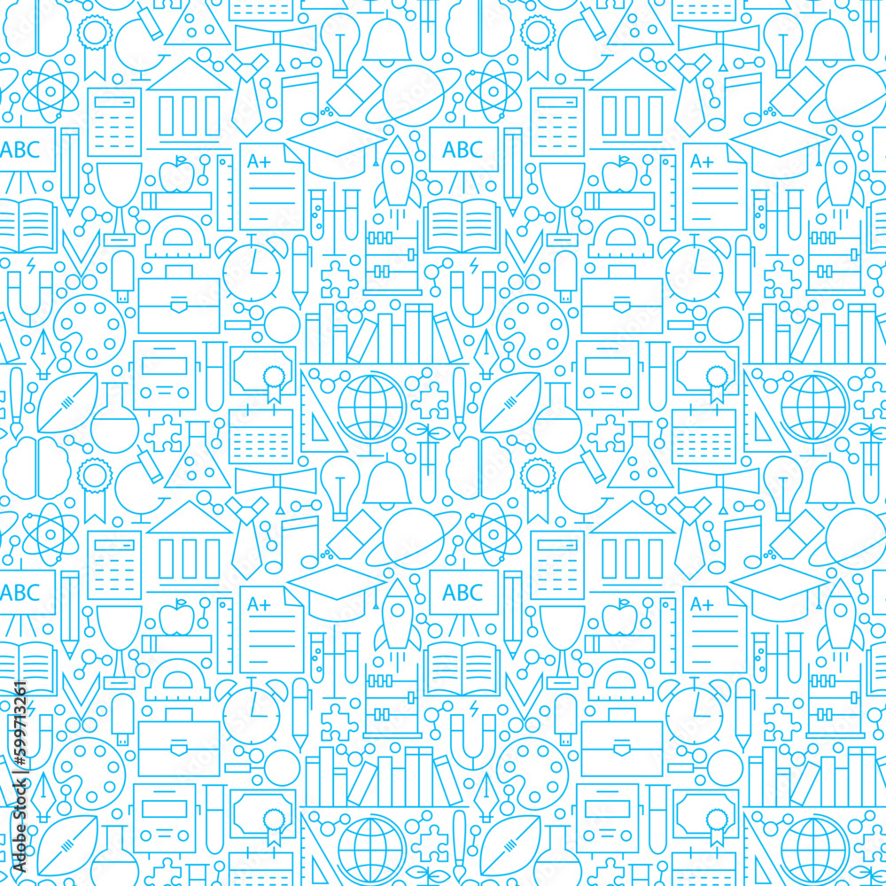 Line White Education Seamless Pattern. Vector Illustration of School and Science Tile Background.