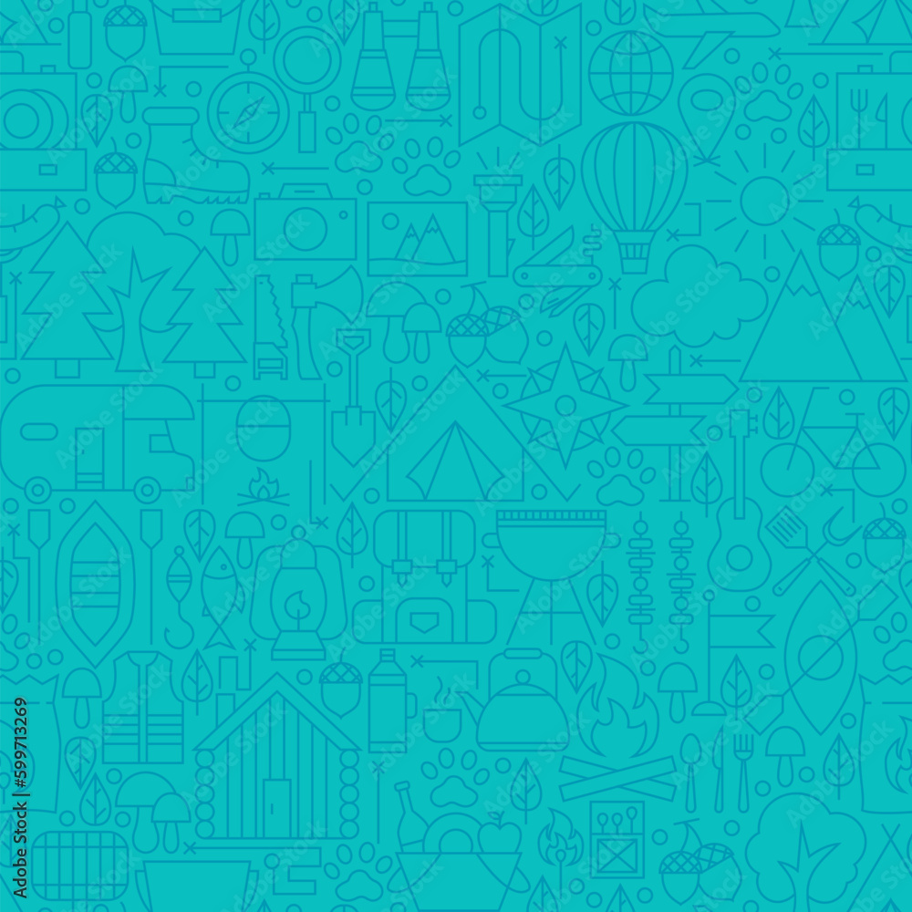 Adventure Camp Line Tile Pattern. Vector Illustration of Outline Tile Background. Summer Camping.