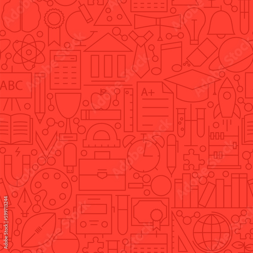 Line Education Red Seamless Pattern. Vector Illustration of School and Science Tile Background.