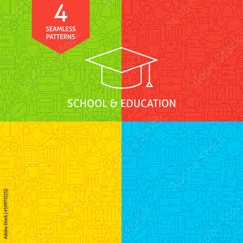 Line School and Education Tile Patterns. Vector Illustration of Science and Learning Seamless Backgrounds.