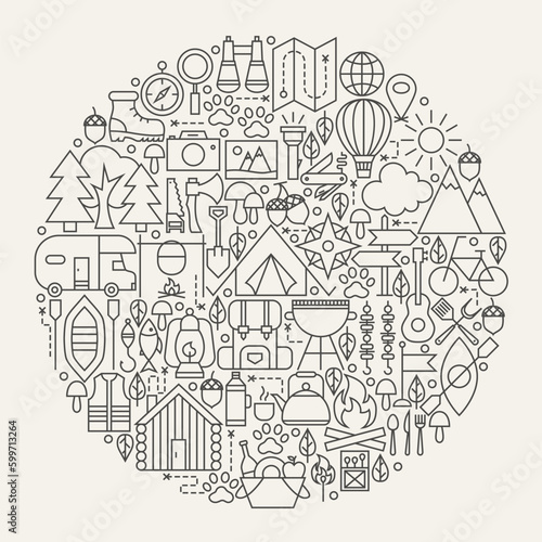 Camping Line Icons Circle. Vector Illustration of Summer Camp Outline Objects.