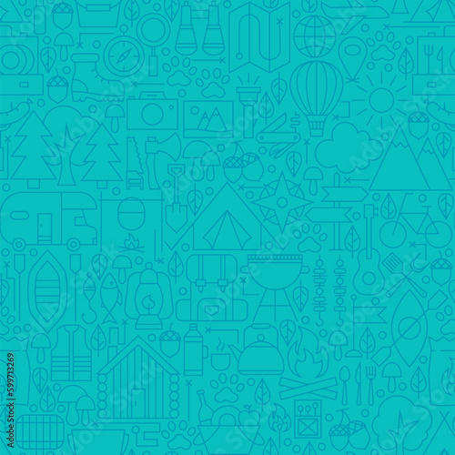 Adventure Camp Line Tile Pattern. Vector Illustration of Outline Tile Background. Summer Camping.